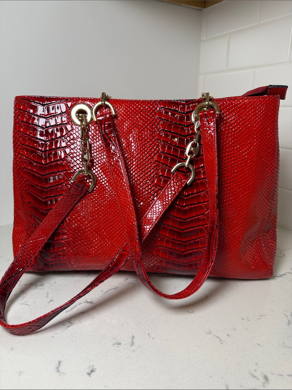 Red Snake-Embossed Shoulder Tote with Gold Hardware - Picture 5 of 14